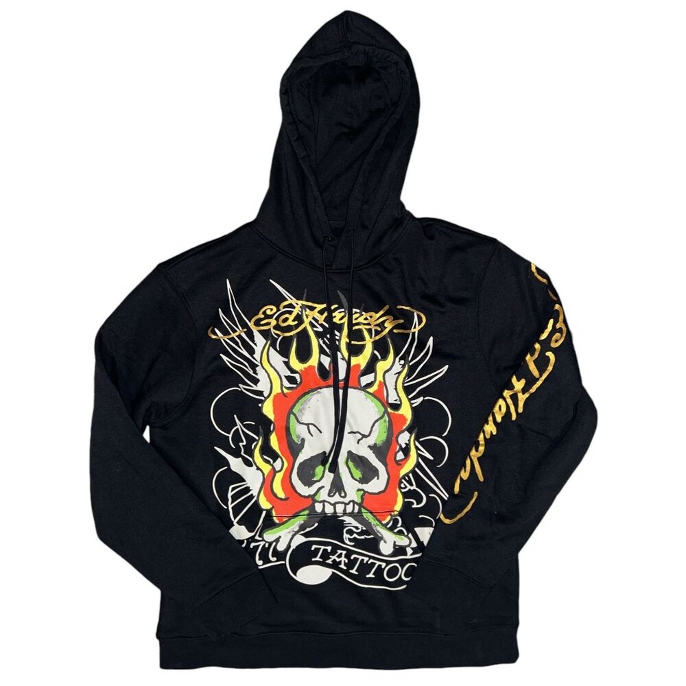 Ed Hardy Men's Flaming Skull Black Hoodie L or XL